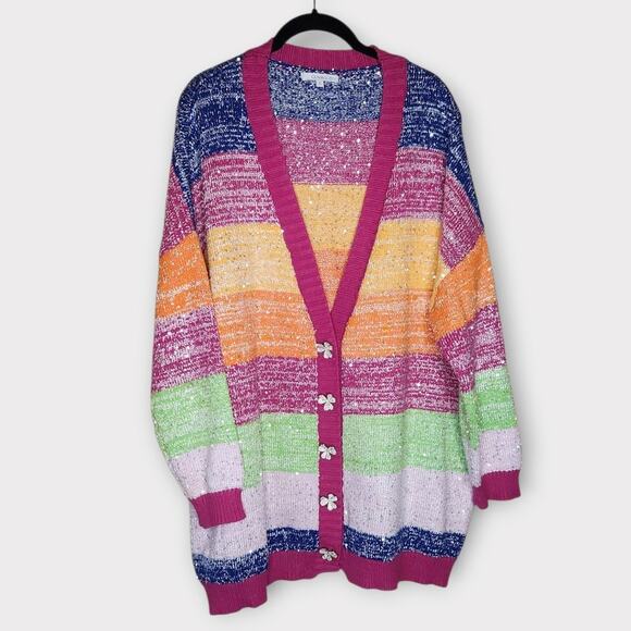 Olivia Rubin Womens Mika Rainbow Stripe Cardigan L Colorful Knitwear - Picture 2 of 10